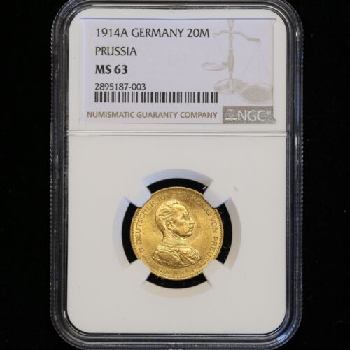 CHOICE BU UNCIRCULATED MS63 GERMANY 20 MARKS GOLD PRUSSIA 1914A NGC CERTIFIED NR