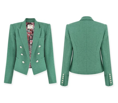 Mujer L'agence Brooke Doble Pecho Tweed Blazer Chaqueta Abrigo Verde - Imagen 2 de 4