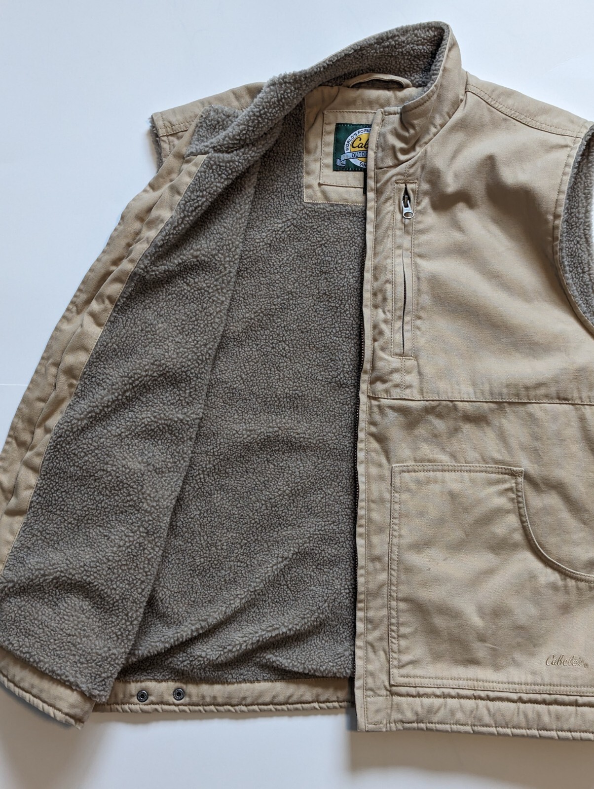 Cabela's Canvas Vest Sherpa Lined Men's Large Beige Embroidered Logo