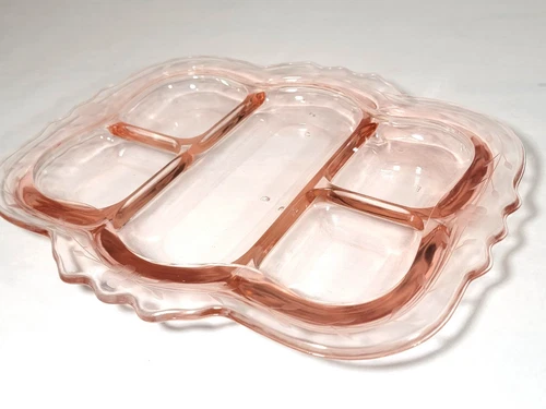 Vintage Pink Depression Glass Relish Tray – Etched Floral, 5-Compartment Divided