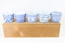 Set of 5 Japanese Arita Seizan kiln blue white Soba Choko cup in box #BMJ0502