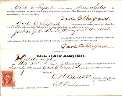 Carl Shephard Manchester NH 1871 Oath Justice of Peace Tax Stamp