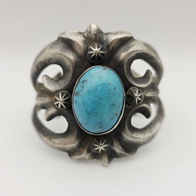 Chimney Butte Sandcast Sterling Turquoise Cuff Bracelet, Native American Navajo