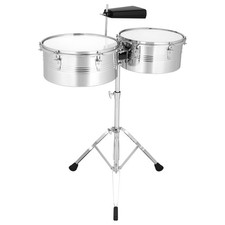 Percussion 13" 14" Timbales Drum Set with Stand and Cowbell Silver NEW -