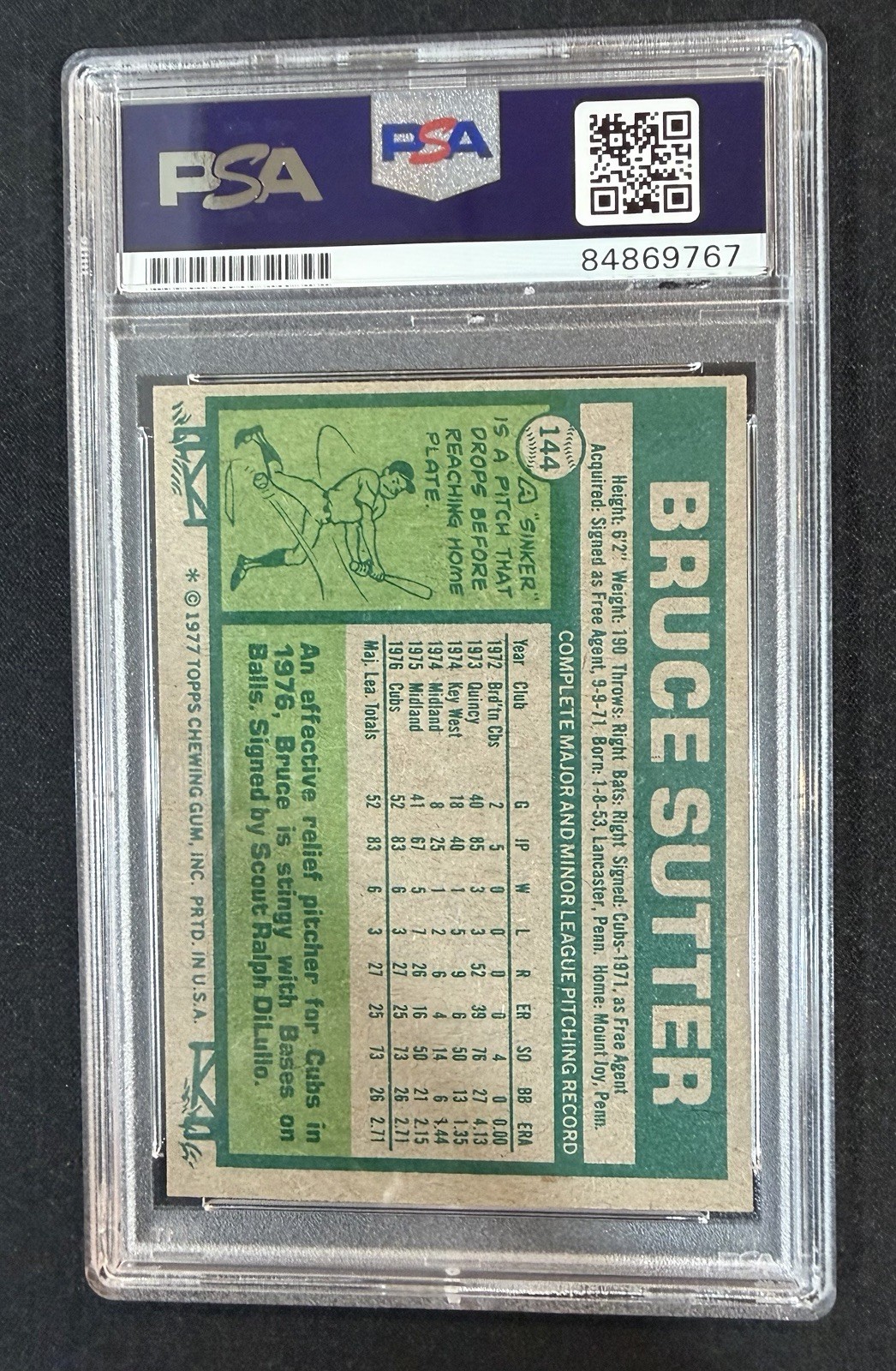 1977 Topps Bruce Sutter Autograph Signed Rookie RC PSA 10 Auto Grade #144 view 2