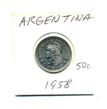 1958 Argentina 50 Centavos Coin Nickel-Clad Steel