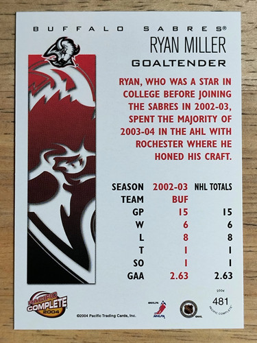 2003-04 Pacific Complete #481 Ryan Miller - Picture 2 of 2