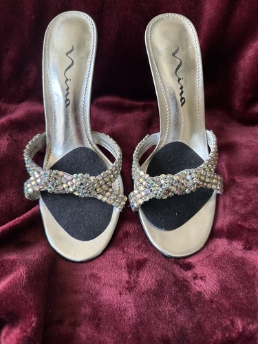 Nina Elegant Silver Leather Rhinestone mule Party Wedding High Heel 3.9" -Size 8 - Picture 2 of 9