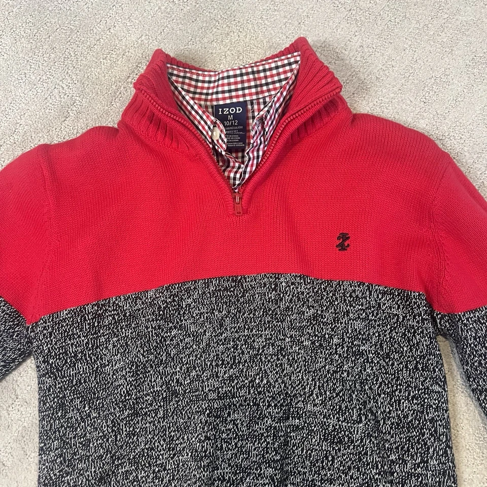 Nuevo con etiquetas Conjunto de suéter con botones de 2 piezas Izod para niños talla mediana 10-12 rojo a cuadros Foto 4 de 4