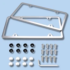 2× Chrome Stainless Steel Metal License Plate Frame Tag Cover With Screw Caps