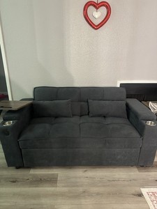 65" 3-in-1 Convertible Sleeper Sofa Pull Out Bed w/ Side Table, Gray Chenille