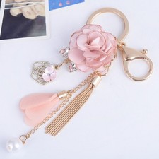Charm Fabric Flower Tassels Pendant KeyChain Handbag Keyring Womens Gift