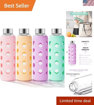Glass Juice Bottles with Lids and Silicone Sleeves 18 oz, 4-Pack Reusable Cle...