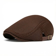 Men's Mesh Cap Breathable Summer Newsboy Hat Adjustable Beret One Size Coffee