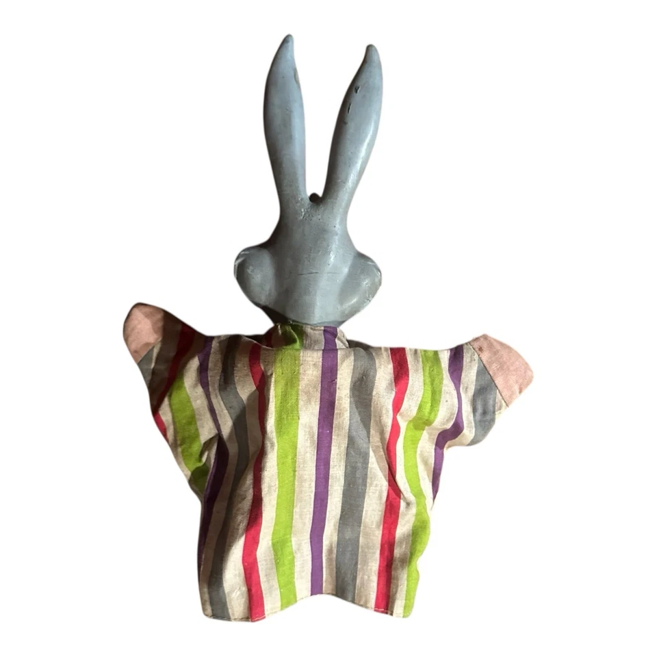 Marioneta de mano con cabeza de goma Knockoff Bugs Bunny de colección de los años 50 tela a rayas de Japón Foto 4 de 4