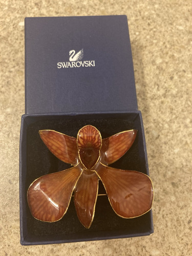 Beautiful Enamel And Gold Metal Orchid Brooch