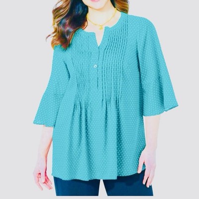 Catherines Teal Georgette 3/4 Bell Sleeve Pintuck Blouse Size 5X