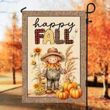 NEW HAPPY FALL SCARECROW / SUNFLOWERS / PUMPKINS WELCOME GARDEN FLAG 12X18