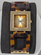 Brown Dial Gold Tone Rectangle Band Faux Tortoise Shell Band Watch