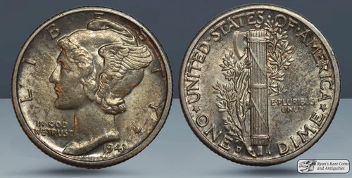 1943 D Mercury Dime, Brilliant Uncirculated, Soft Toning, Ryan's Rare Coin C7738