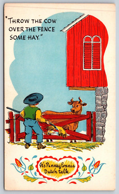 Postcard Humor Throw The Cow Over The Fence Some Hay  Pa Dutch Talk [he]