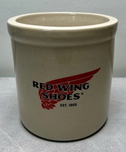 Red Wing Shoes Stoneware Crock USA Beige Jar Advertising Pottery 5 Inch