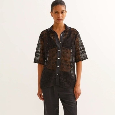 HYDE & STONE Giovanni Lace Button Down Shirt in Black Size 6