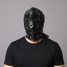 Full Head Restraint Open Mouth Hood Mask Leather BDSM Headgear Slave Bondage