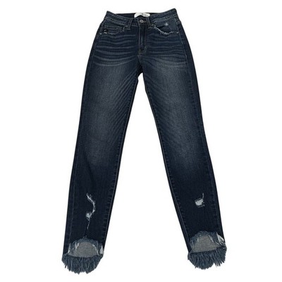 KanCan High Rise Skinny Jeans Womens 0 Dark Wash Distressed Raw Hem Y2K