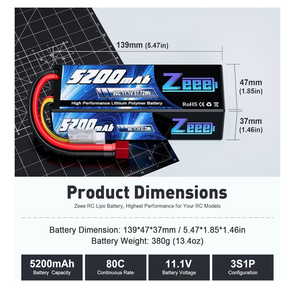 Zeee 3S LiPo Battery 5200mAh 11.1V 80C – Hardcase (2 Pack) - Image 2 of 4