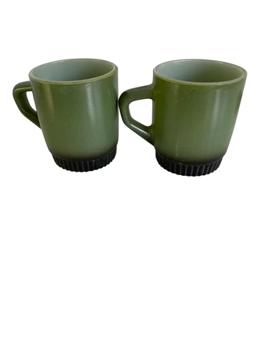 2 VTG Fire-KING STACKING STYLE MUGS-GREEN WITH BLACK RIBBED BOTTOM