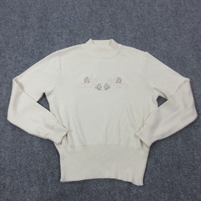 Bogner Sweater Womens Medium White Wool Mock Neck Embroidered Knit Pullover