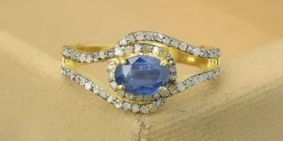 Bague pavée en diamant bague saphir bleu bague en argent sterling 925 sans... - Photo 1/3