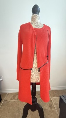 Tracy Reese Ribbed Knit Long Cardigan Asymmetrical Zip Front | XS | Red