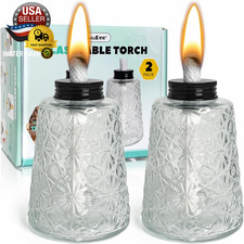 2 Pack Torches for Outside, Glass Tabletop Citronella Oil Lamp Torches with Wick
