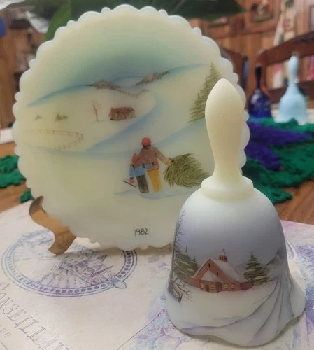 Uranium Fenton Art Glass Hand Painted Plate And Bell Signed