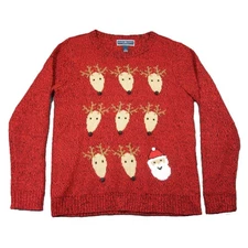 Karen Scott Christmas Sweater PL Red Marled Reindeer Santa Teacher Holiday Cozy