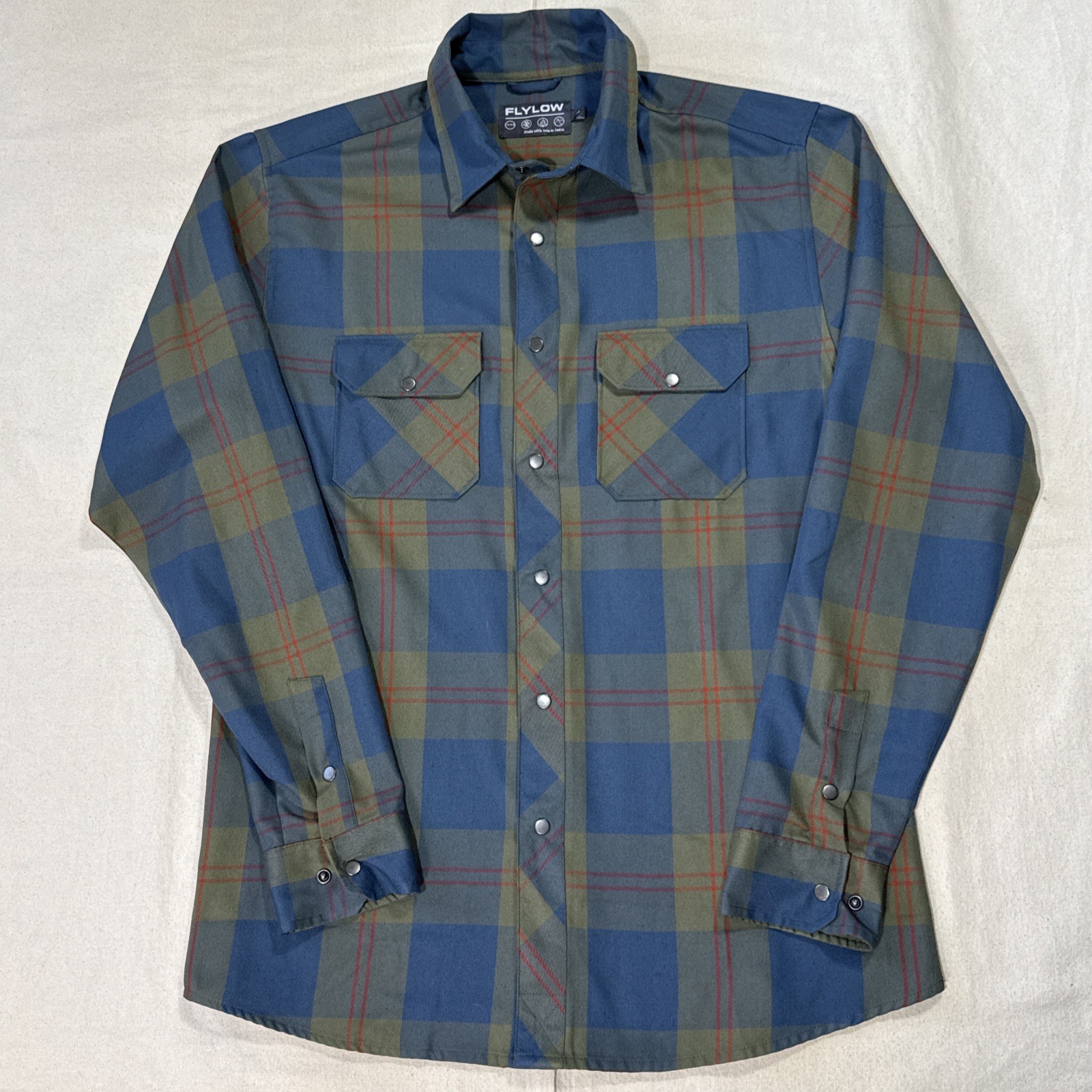 Flylow Shirt Men Large L Brown Green Plaid Handlebar Tech Flannel Snap Button Up