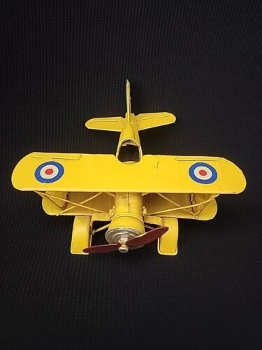 VINTAGE STYLE Yellow Metal Bi-Wing Airplane FIGURINE TOY Single Engine AIRCRAFT - Picture 3 of 15