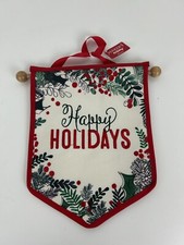 Christmas Banner Happy Holidays Holly Berries Wood Rod 13"x10" Embroidered NEW