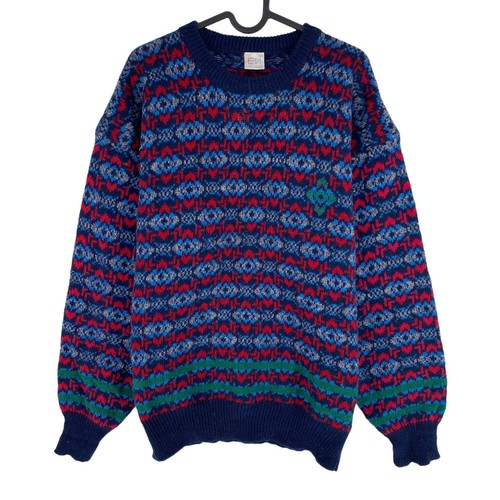Pull Vintage Luc Moel Années 90 – Bleu, Col Rond, Taille UE 54 / US 44