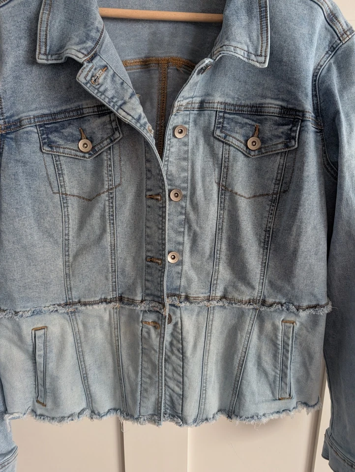 TRIBAL JEANS Chaqueta Mujer XL Elástica Corte Dobladillo Crudo Denim Envejecido Lavado Ligero Foto 4 de 4