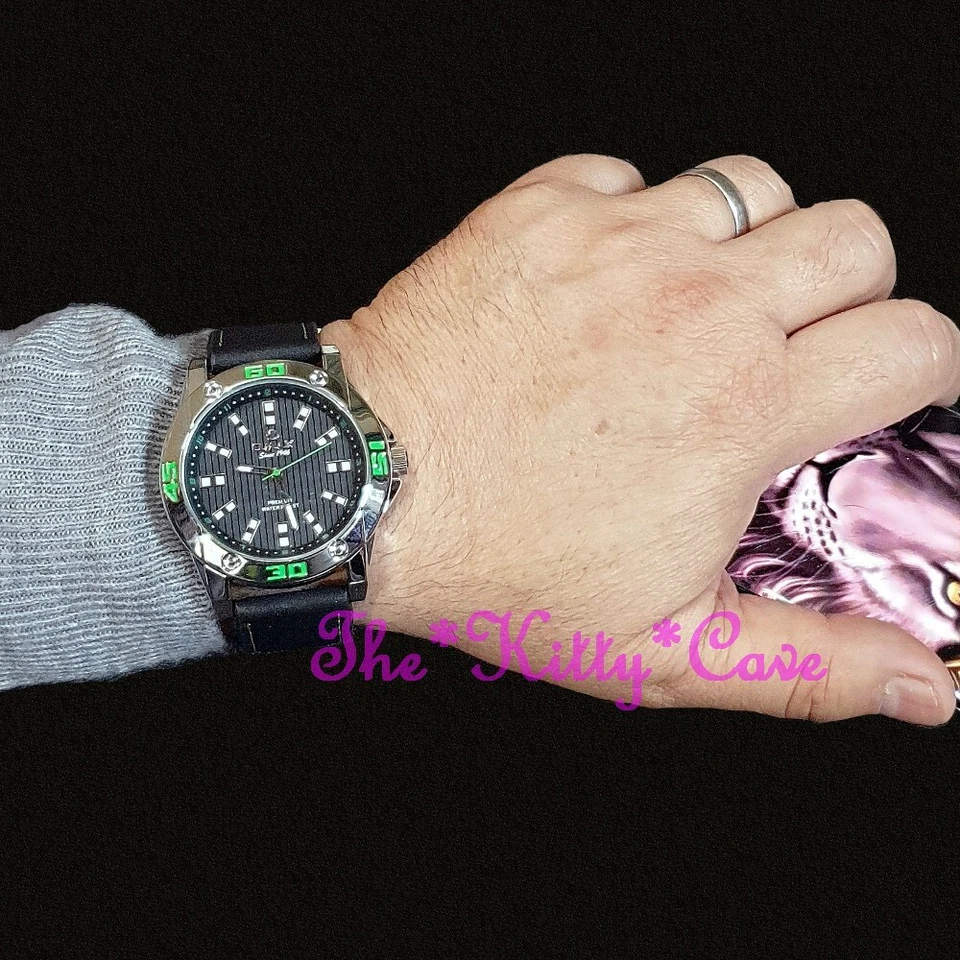 OMAX Impermeabile Argento/Verde, Svizzero Seiko Movt, Nero Pelle Orologio OAS183 - Immagine 3 di 4