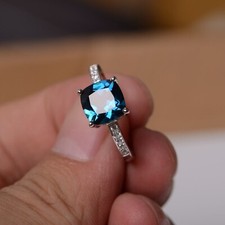 London Blue Topaz Ring Engagement Ring For Women Sterling Silver Cushion Cut rin