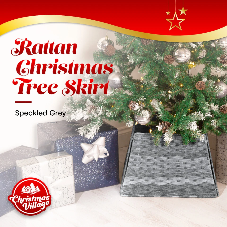 Christmas Village Rattan Tree Skirt Round Wicker Stand Base Basket Cover Decor - Image 2 of 4