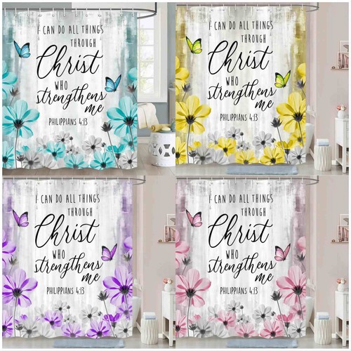 Watercolor Flowers Religious Garden Extra Long Fabric Shower Curtain Waterproof