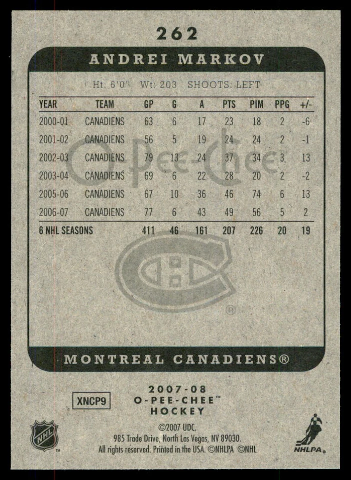 2007-08 O-Pee-Chee Andrei Markov #262 - Image 2 of 2