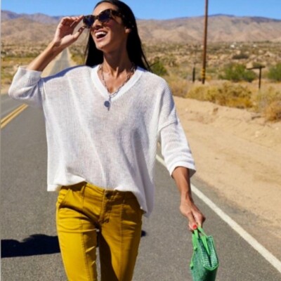 Cabi #5454 Breeze Pullover White Cotton Linen Blend Open-Knit V-Neck Size  Small