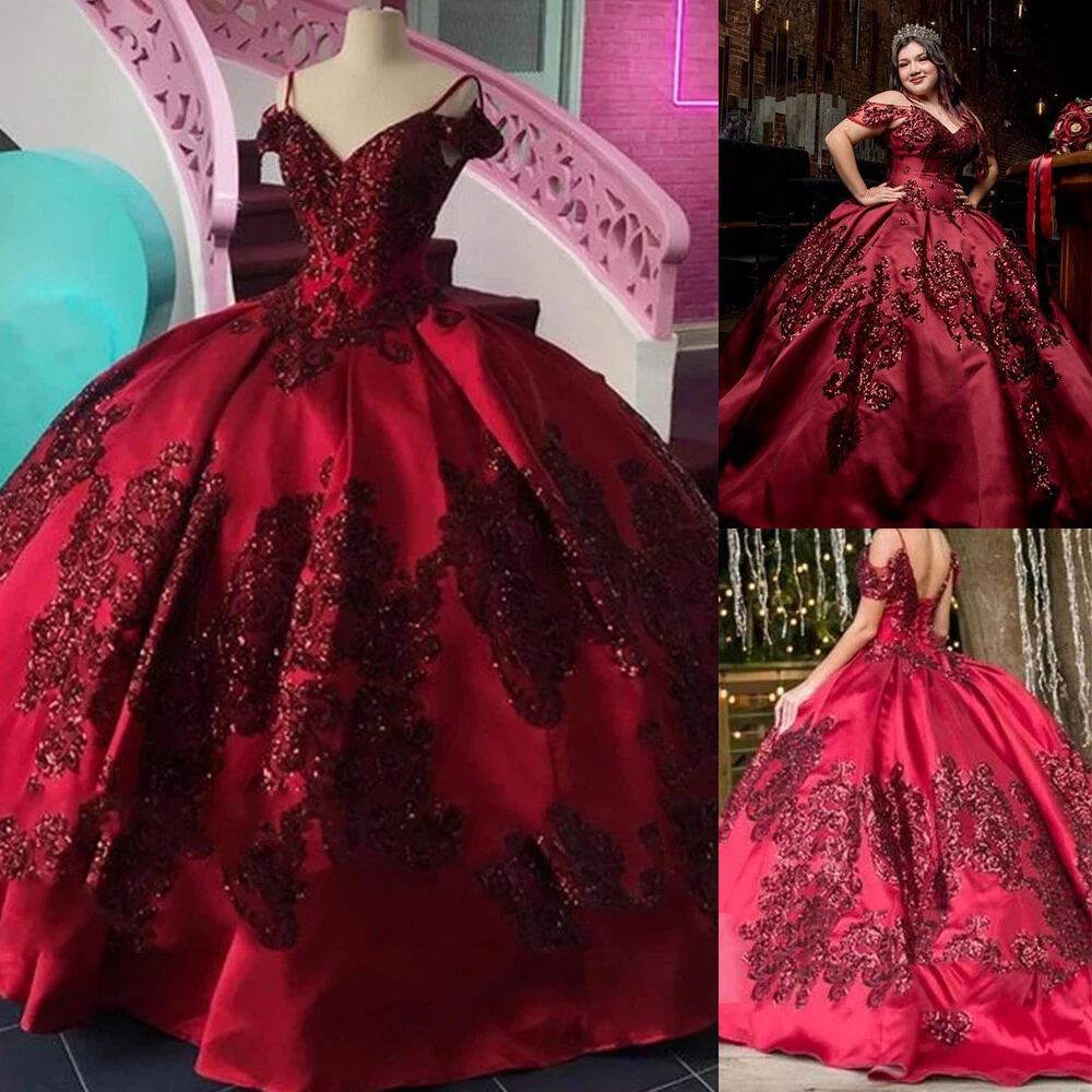 Shop sheer neckline red & black applique ball gown quinceanera dress with  long sleeves from