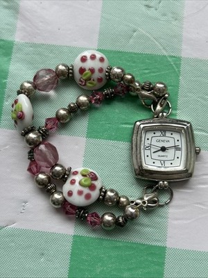 Geneva Silver Tone Silver Pink And White Charm Womens Quartz Watch